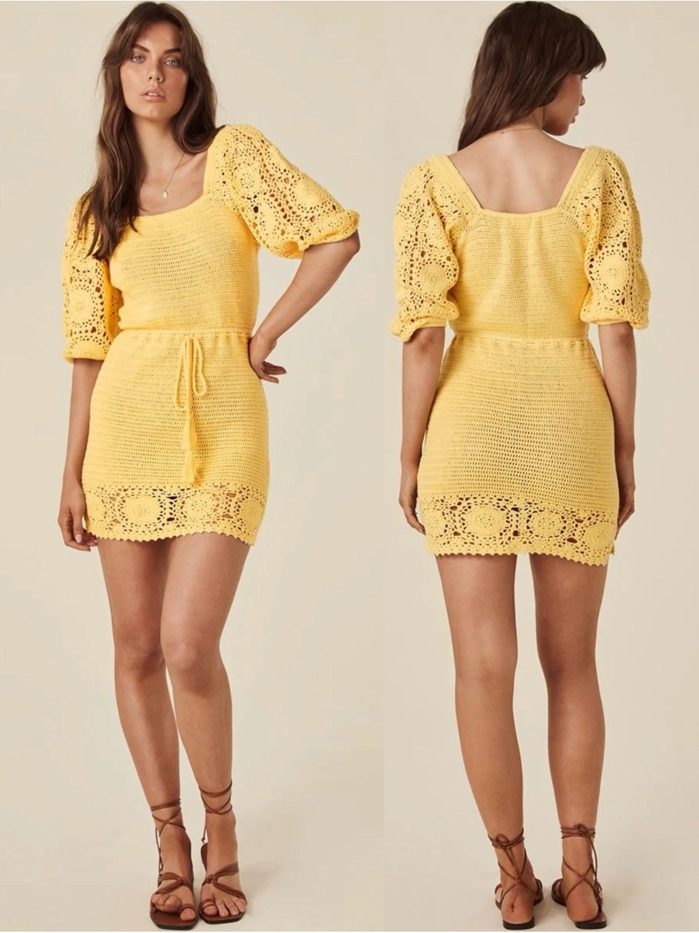 NWT Spell x Free People Let The Sun Shine In Crochet Mini Dress Lemon Medium